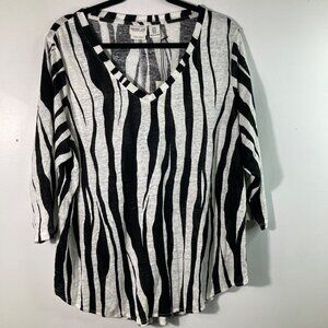 Womens Rachel Zoe V Neck Striped Linen Knit Top 3/4 Sleeve 1X Linen NWT‎